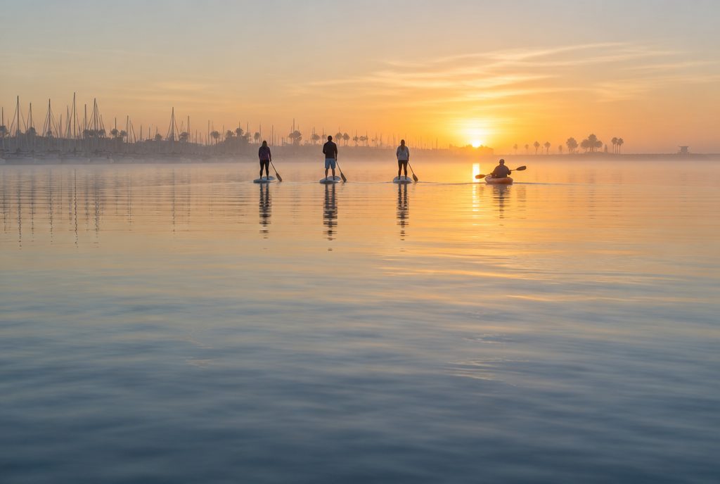 Three paddleboards and a kayak heading into the sunrise on calm water