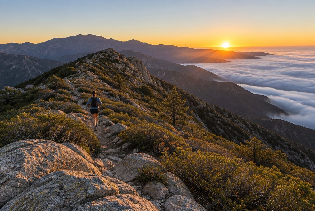 A runner on a granite ridge at sunrise above a sea of clouds