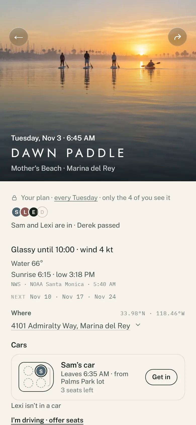 A plan: Dawn paddle at Mother's Beach, who's in, the line and the cars